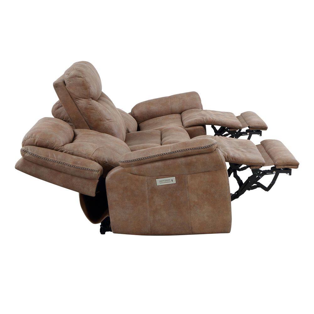 Camel Faux-Suede Power Reclining Sofa with Nailhead Trim