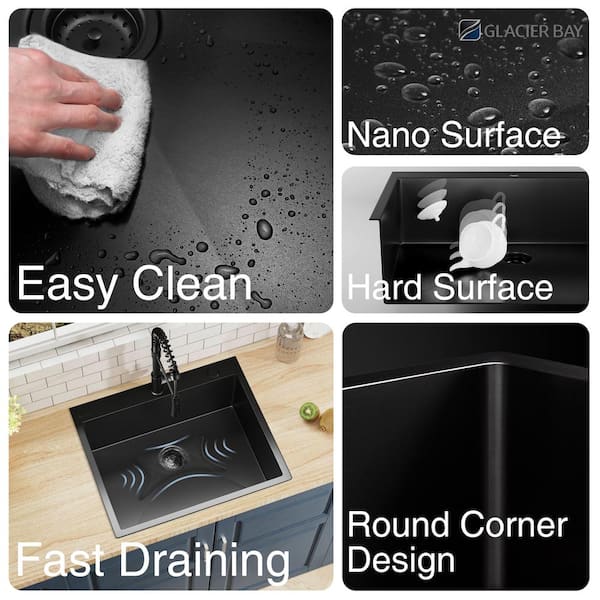 Glacier Bay 25 in. Drop-in Single Bowl 18 Gauge Black Stainless