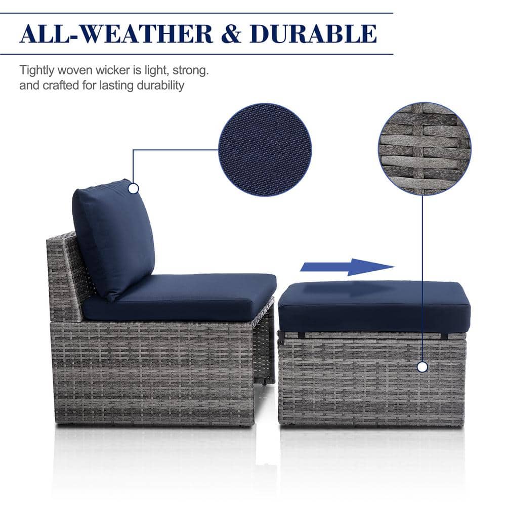 Gray Wicker Outdoor Lounge Chair with Navy Blue Cushions