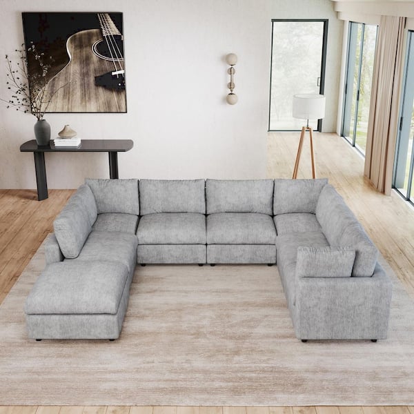 Magic Home Sofa Covers Washable, 134 in. Square Arm Chenille U-shaped Modular Sofa with Ottoman, Solid Pine Wood Frame in Gray