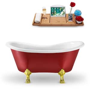 62 in. Acrylic Clawfoot Non-Whirlpool Bathtub in Glossy Red With Polished Gold Clawfeet And Polished Gold Drain