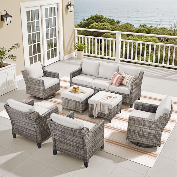 7-Piece Wicker Patio Conversation Set with Swivel Glider Chair, Outdoor Sofa Seating Set with Beige Cushions