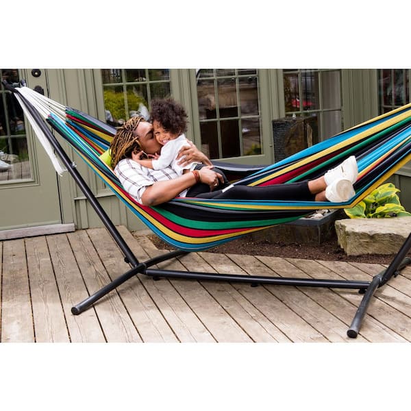 Contour Rauw Geschiktheid Vivere 9 ft. Black Frame Outdoor Relaxation Cotton Hammock Combo with Steel  Stand and Carry Bag in Rio Night UHSDO9-27 - The Home Depot