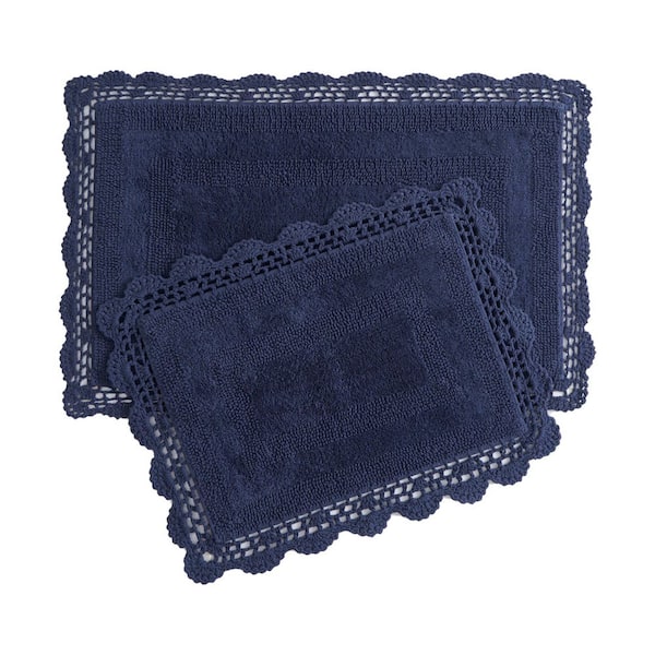 Crochet Indigo Blue 21 in. x 34 in. Solid 100% Cotton 2-Piece Bath Rug Set