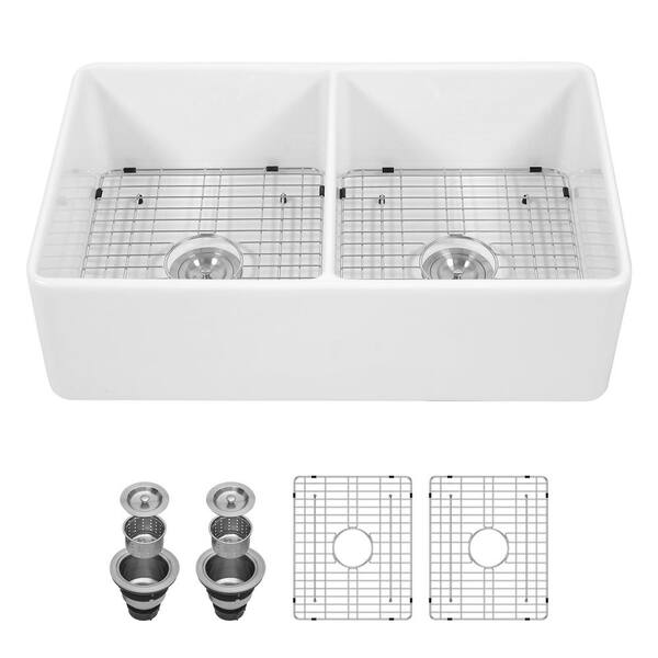 Fireclay 33 in. Double Bowl Apron-Front Farmhouse Kitchen Sink with Grid Set and Drain Assemblies