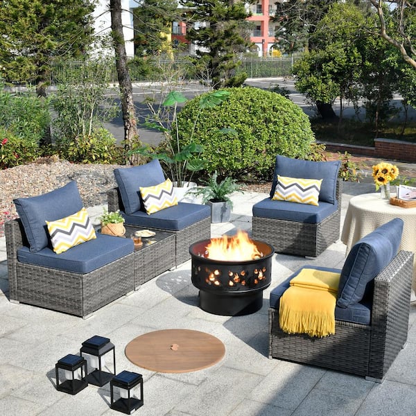 Toject Sanibel Gray 6-Piece Wicker Outdoor Patio Conversation Sofa Set with a Wood-Burning Fire Pit and Denim Blue Cushions