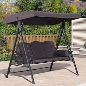 3-Person Grey Outdoor All-Weather Steel Frame Porch Swing with Adjustable Tilt Canopy, Cushions and Pillow Included
