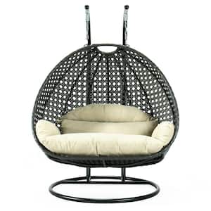 Charcoal Wicker Hanging 2-Person Egg Swing Chair Patio Swing with Taupe Cushions