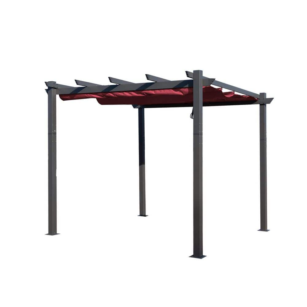 Burgundy Aluminum Outdoor Pergola with Retractable Canopy, 10 ft. x 10 ft.