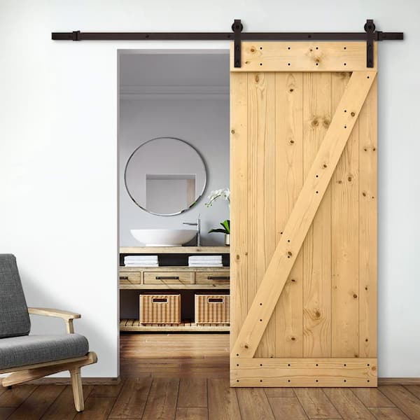 30 in. x 84 in. Z-Bar unfinished Wood Sliding Barn Door with Sliding Door Hardware Kit