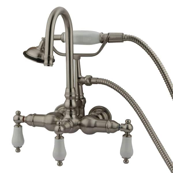 Aqua Eden Porcelain Lever 3-Handle Claw Foot Tub Faucet with Hand Shower in Brushed Nickel