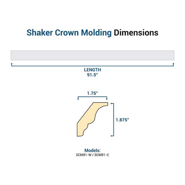 Keyport Shaker 91.5 in. W x 1.75 in. D x 1.875 in. H in White Solid Wood Shaker Crown Molding Cabinet Filler