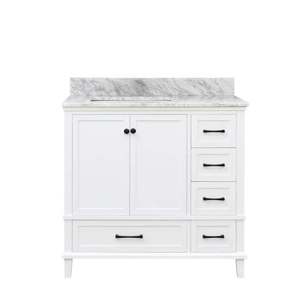 Merryfield 37 in. White Bath Vanity with Carrara Marble Top and 24 in. White Framed Mirror Combo