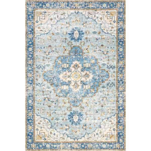 3 ft. x 5 ft. Blue Amaryllis Medallion Machine Washable Dark Indoor/Outdoor Patio Area Rug