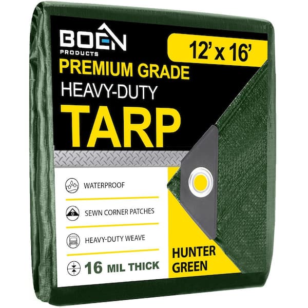 BOEN 12 ft. x 16 ft., Green Ultra Heavy-Duty 16 Mil Thick Hunter Tarp Cover, Waterproof, Tear Proof and UV Resistant