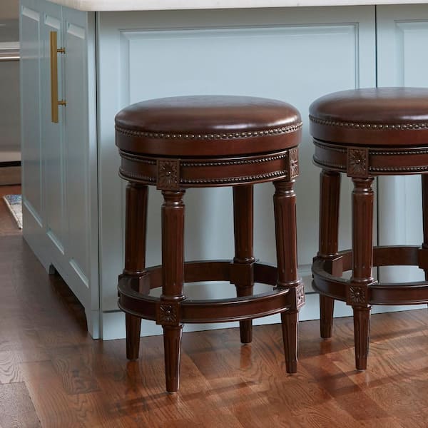 NewRidge Home Goods Chapman 26 in. Distressed Walnut Backless Wood Swivel Counter Stool with Brown Faux Leather Seat, 1-Stool