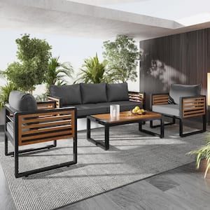 Wood 5-Seat 4-Piece Outdoor Conversation Set with Acacia Wood Tabletop and Removable Gray Cushions for Patio Garden