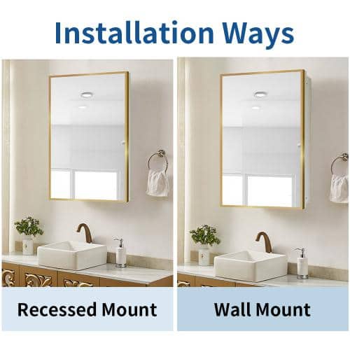 Aoibox 16 in. W x 28 in. H Rectangular Metal Medicine Cabinet with Mirror in Gold White for Bathroom