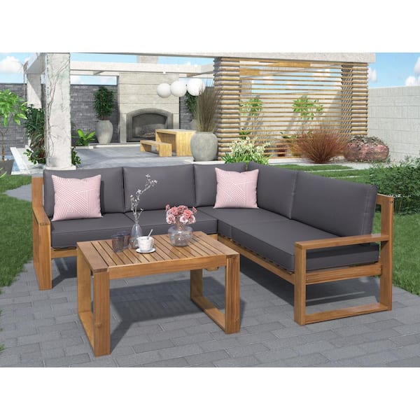 Nestfair 3 Piece Acacia Wood Outdoor Sectional Set With Gray Cushions Lwy000121eaa The Home Depot