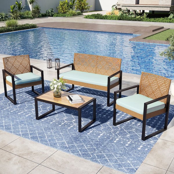 PHI VILLA Yellow 4-Piece Outdoor Wicker Patio Conversation Set with Mint Green Cushions and Acacia Wood Coffee Table