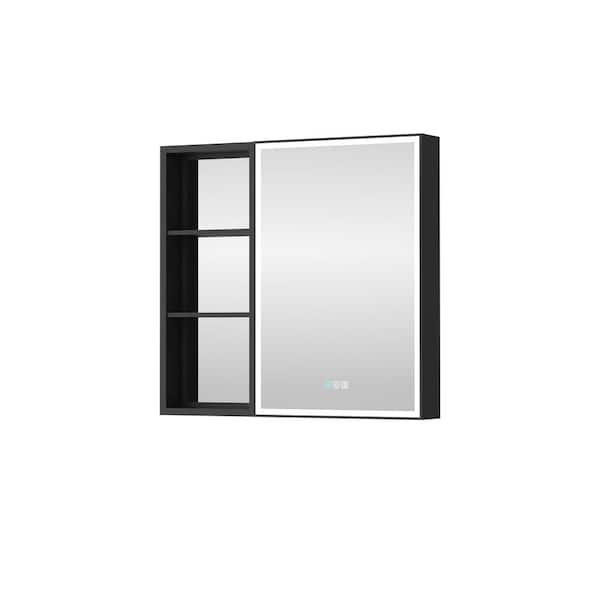 WELLFOR 32 in. W x 30 in. H Rectangular Aluminum Medicine Cabinet with Mirror and LED Lighted,Anti-fog,Dimmable,Right Open Door