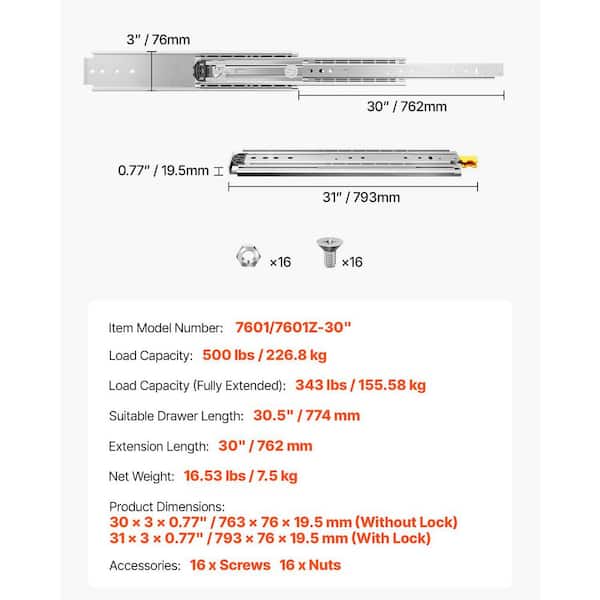 VEVOR Set of 2 Drawer Slides, Full Extension, Available in Sizes