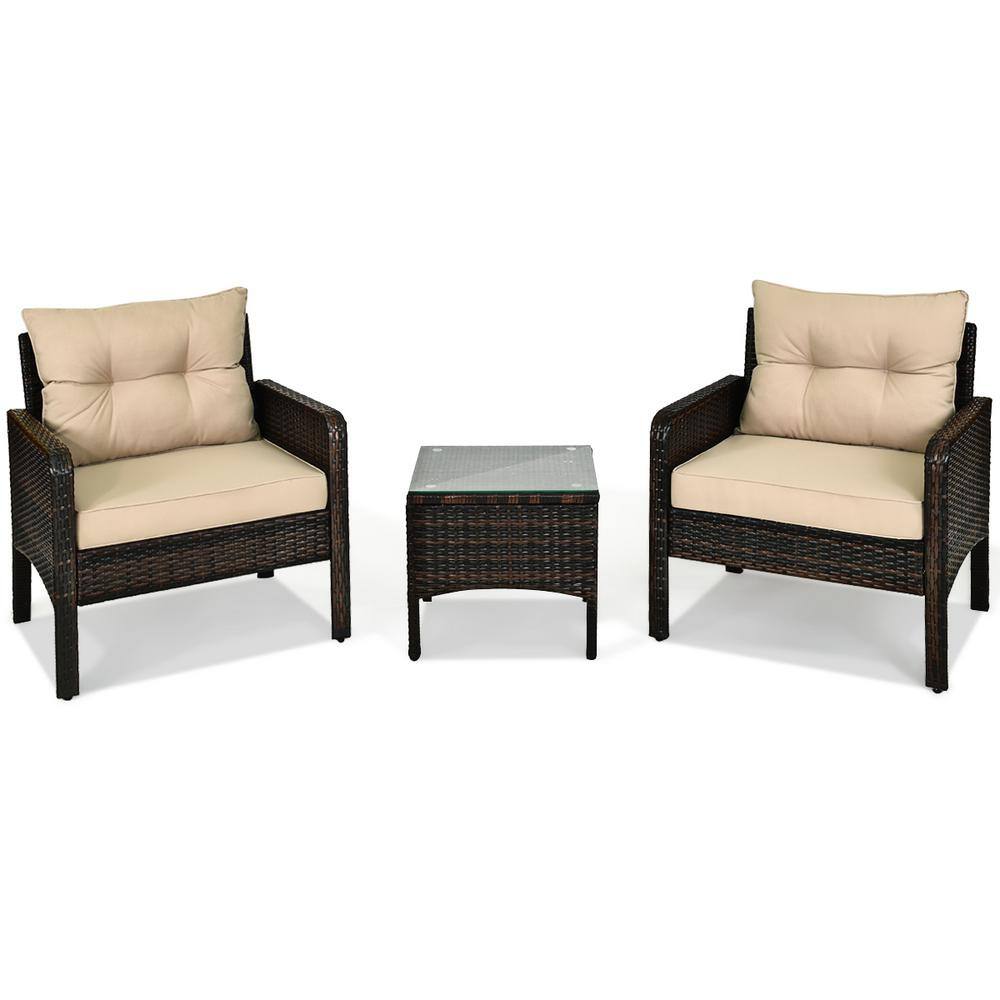 Brown Rattan 3-Piece Wicker Patio Outdoor Furniture Set Chairs Coffee Table with Yellowish Cushion price history on PriceWatchPro