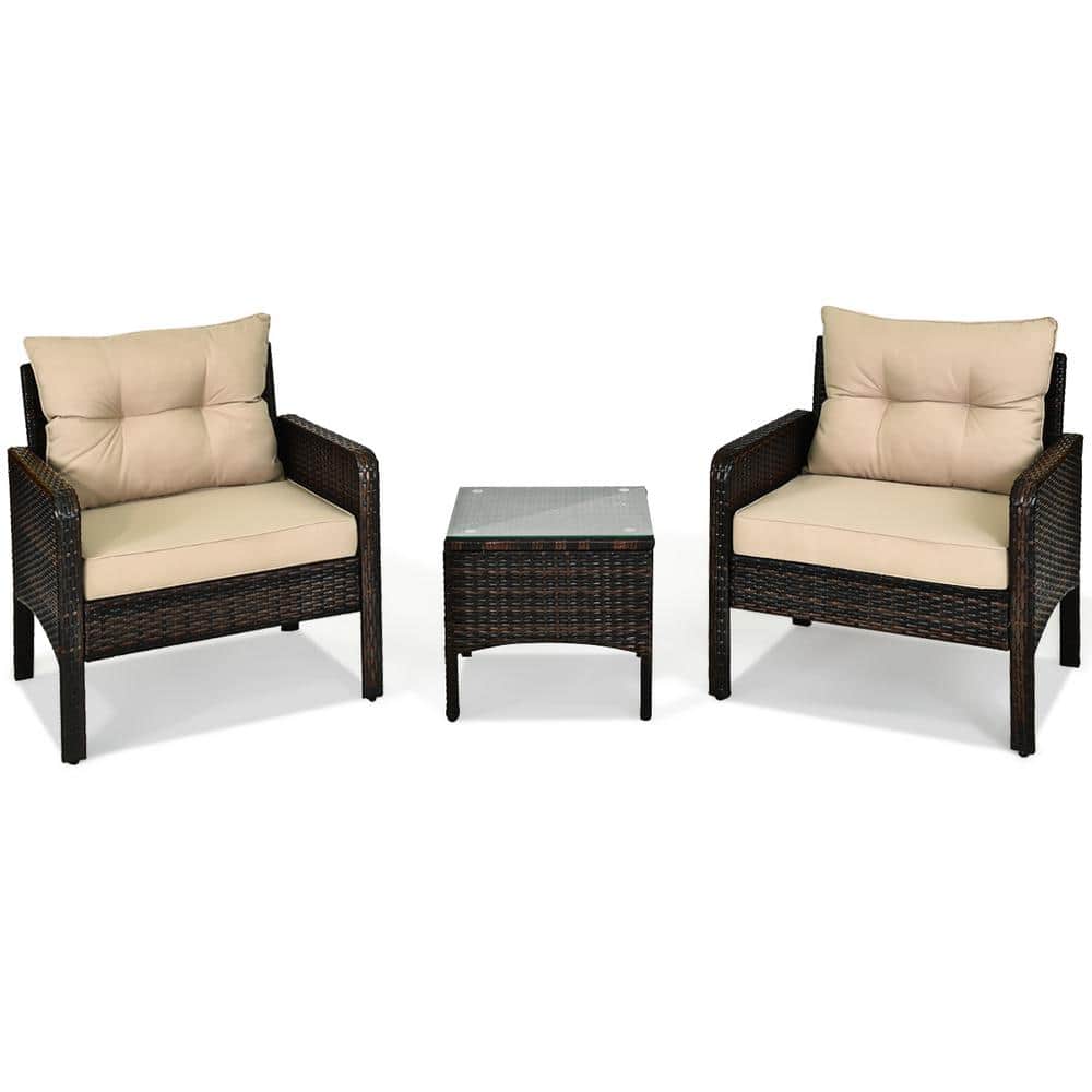 Brown 3-Pieces Wicker Patio Conversation Set with Beige Cushions price history on PriceWatchPro