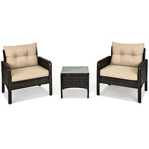 Brown 3-Pieces Wicker Patio Conversation Set with Beige Cushions
