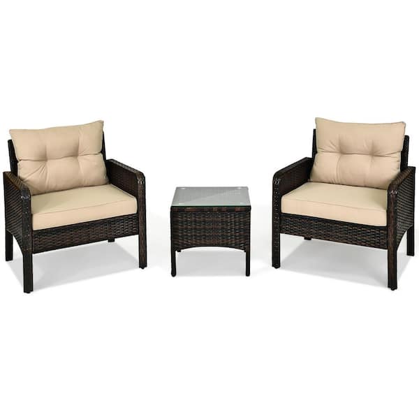 HONEY JOY Brown 3-Pieces Wicker Patio Conversation Set with Beige Cushions