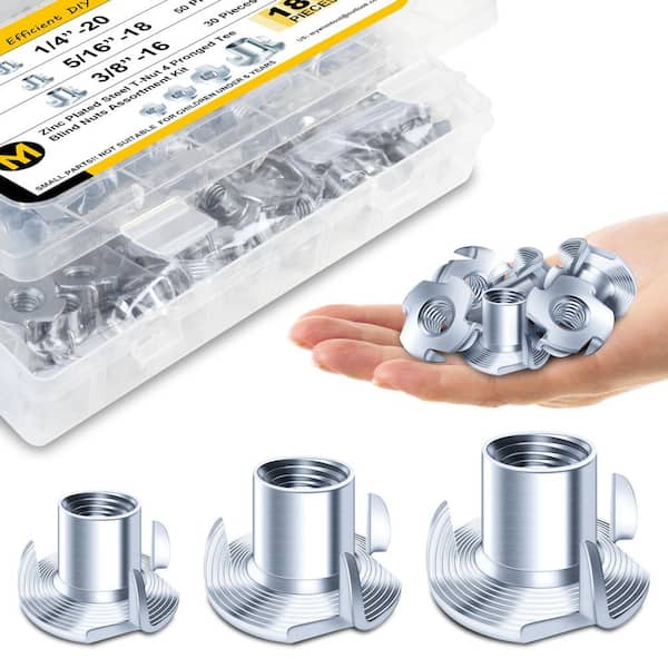 180-Piece 1/4"-20,5/16"-18,3/8"-16 4-Pronged T-Nut Assortment Kit, Zinc-Plated Alloy Steel Threaded Insert Fasteners