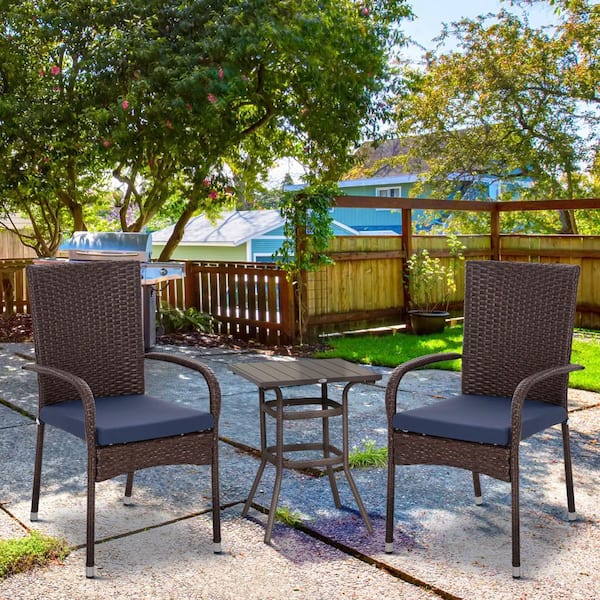 Unbranded Stackable PE Rattan Outdoor Dining Chairs with Cushions, (Set of 2) Patio Wicker Dining Chairs Armrests, Blue Cushion