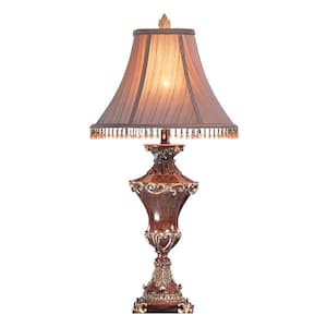 32 in. Bronze Urn Table Lamp with Brown Bell Shade and Hanging Beads