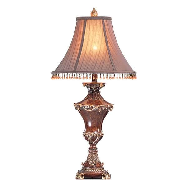 HomeRoots 32 in. Bronze Urn Table Lamp with Brown Bell Shade and Hanging Beads