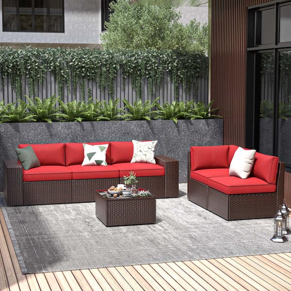 Sizzim 6-Piece Rattan Wicker Steel Patio Outdoor Sectional Set and Coffee Table with Red Cushions and Set Covers