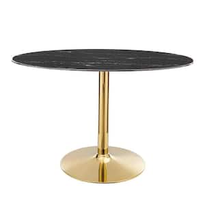 Verne 48 in. Round Artificial Marble Dining Table Black Wood Top with Gold Metal Base