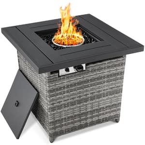 28 in. Ash Gray Square Wicker Outdoor Propane Gas Fire Pit Table w/ Faux Wood Tabletop
