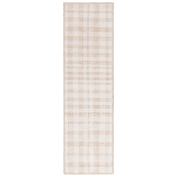 Abstract 2 ft. x 8 ft. Ivory/Gold Border Plaid Runner Rug
