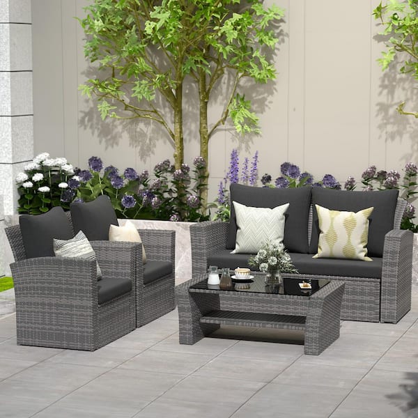 SUNVIVI 4-Piece Wicker Patio Conversation Set with Dark Grey Cushions