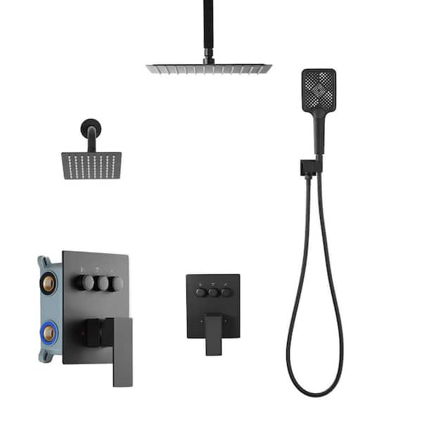 Shower Faucet Set,12in. Ceiling Mount Rainfall Shower System with 6 in. Wall Mount Head and 4 in 1 Handheld Spray, Black