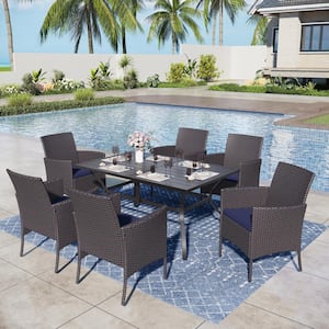 Black 7-Piece Metal Patio Outdoor Dining Set with Slat Table and Rattan Chairs with Blue Cushion