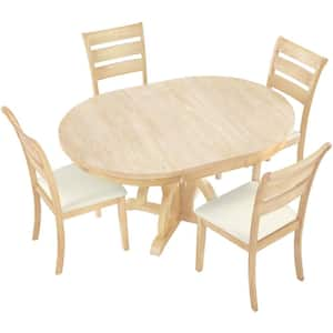 Outdoor 5-Piece Wood Patio Conversation Set with Beige Cushions, Farmhouse Round Pedestal Extending Dining Table Set