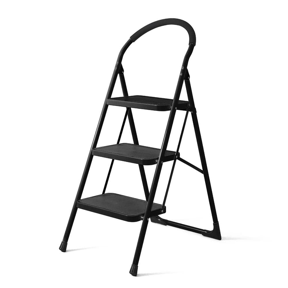 CAPHAUS Reach Height 2.5 ft. Folding Light-Weight 3-Step Ladder, 330 lbs. Load Capacity with Extra Wide Anti-Slip Pedal, Black HTLS-CH013-BK