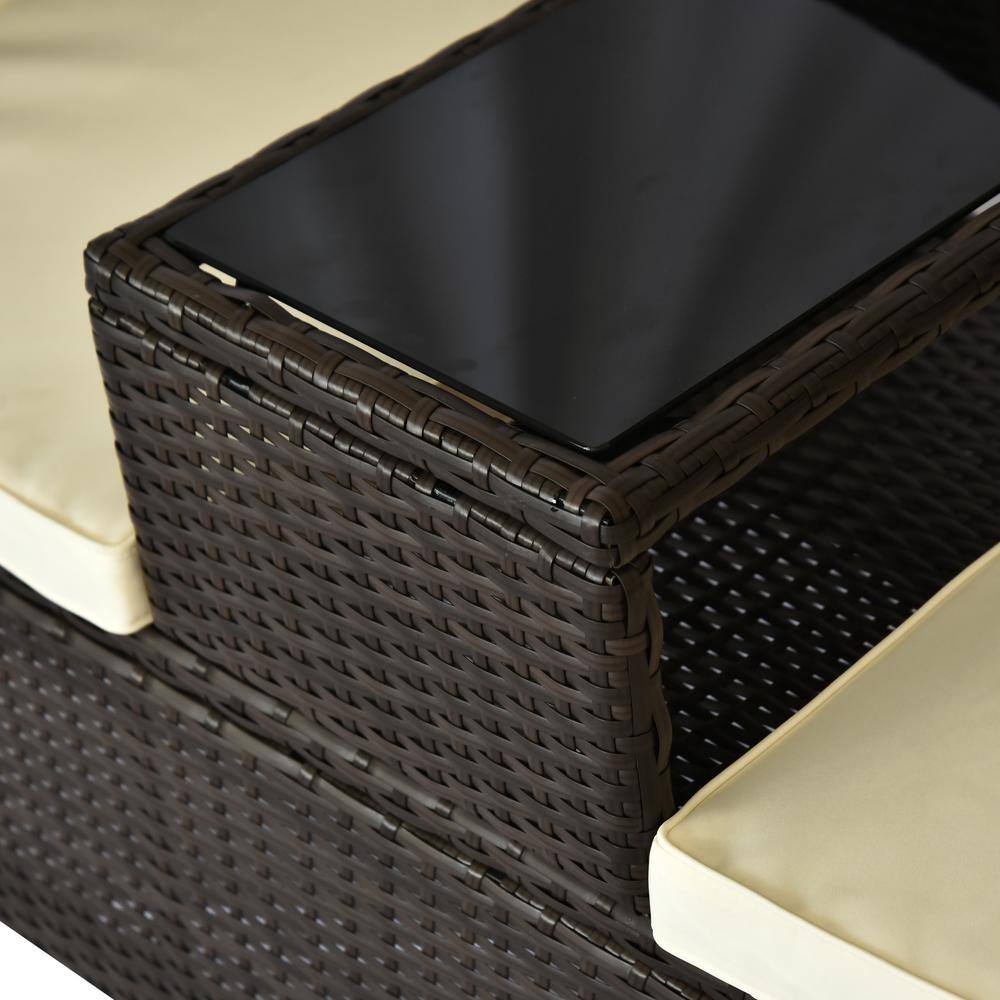 Modern 2-Person Rattan Loveseat with Built-in Glass Table - Brown