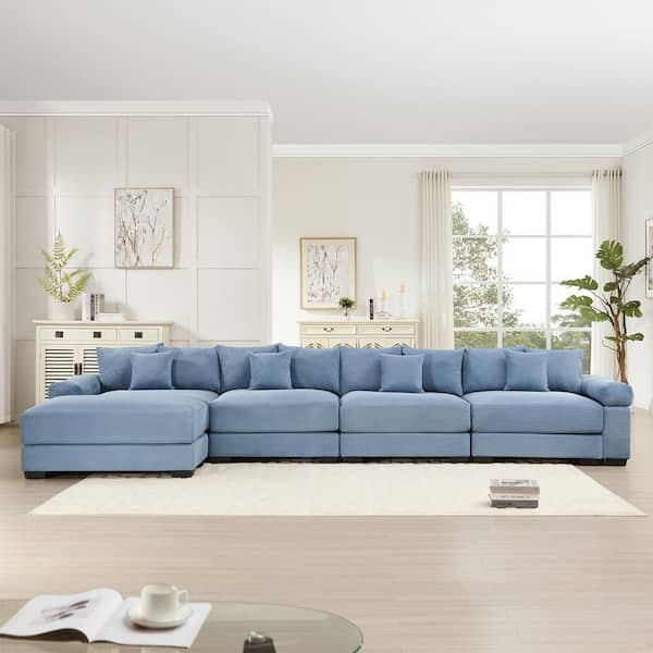 ZJBCDL 59.4 in. Straight Arm 5-Piece Corduroy Modular Sectional Sofa with Ottoman & Ergonomic Design in Denim Blue