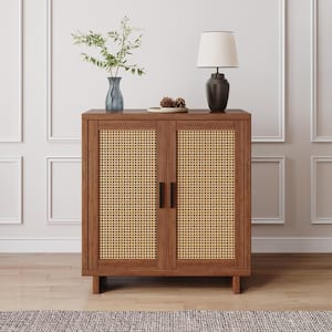 Walnut 31.7 in. H 2-Rattan Doors Accent Storage Cabinet with 3-Shelves and Wood base