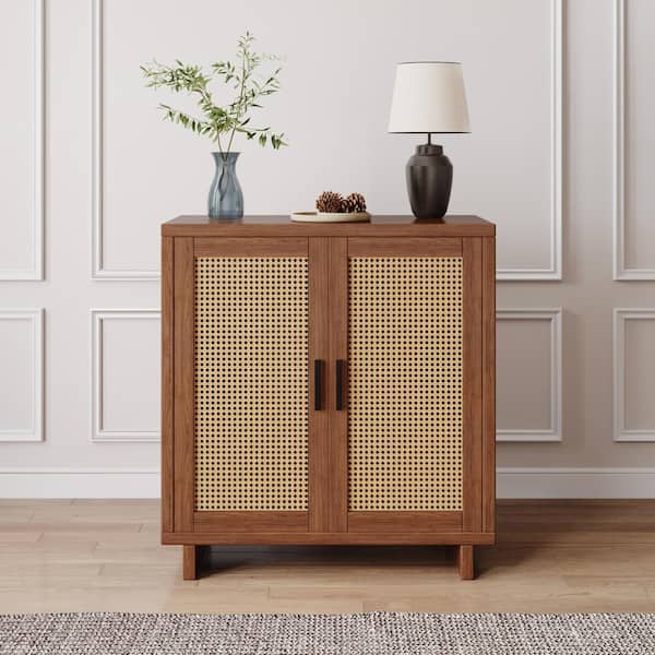 Uixe Walnut 31.7 in. H 2-Rattan Doors Accent Storage Cabinet with 3-Shelves and Wood base