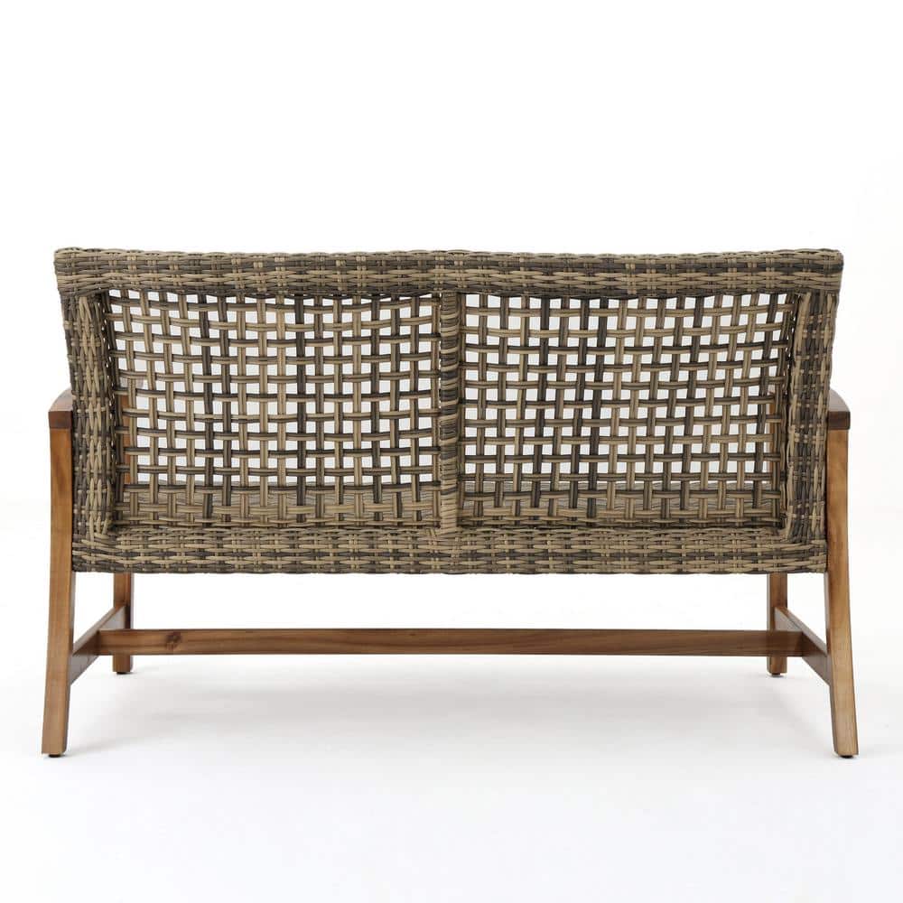 Natural Stained Wood and Wicker Outdoor Loveseat with Arms