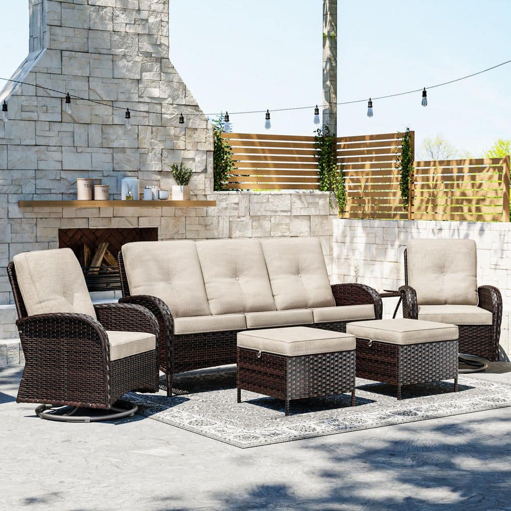 7-Piece Dark Brown Wicker Patio Conversation Sofa Set with Red Cushions Swivel Rocking Chairs and Ottomans price history on PriceWatchPro