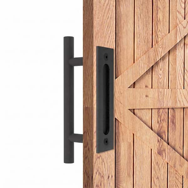 12 in. Black Round Pull and Flush Sliding Barn Door Handle Set